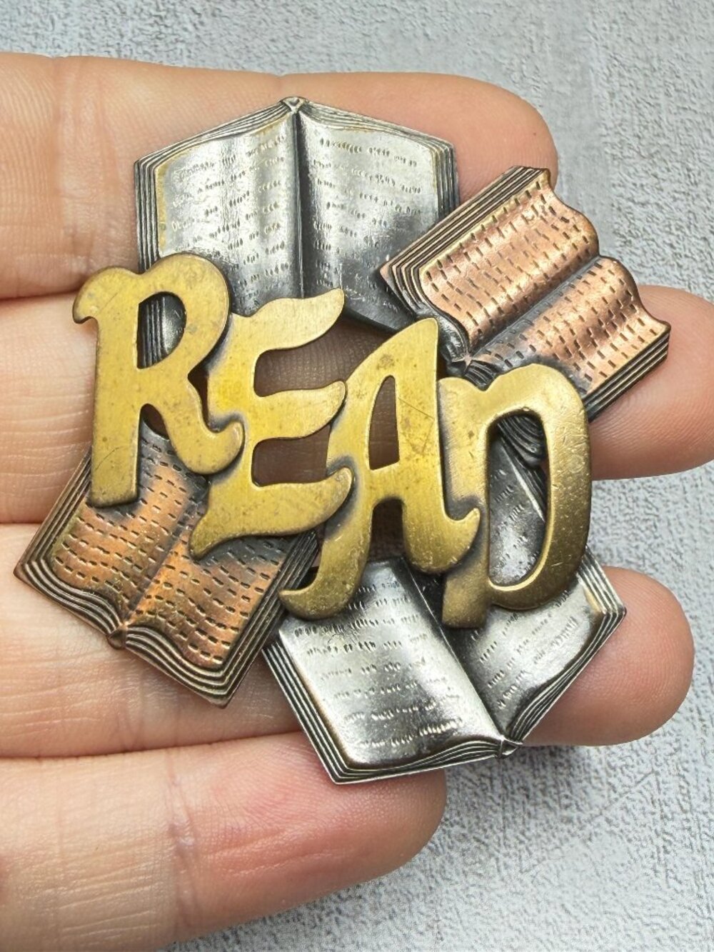 KT Signed Read Books Brooch Signed K&T Tri Color Artisan 2.25 inches